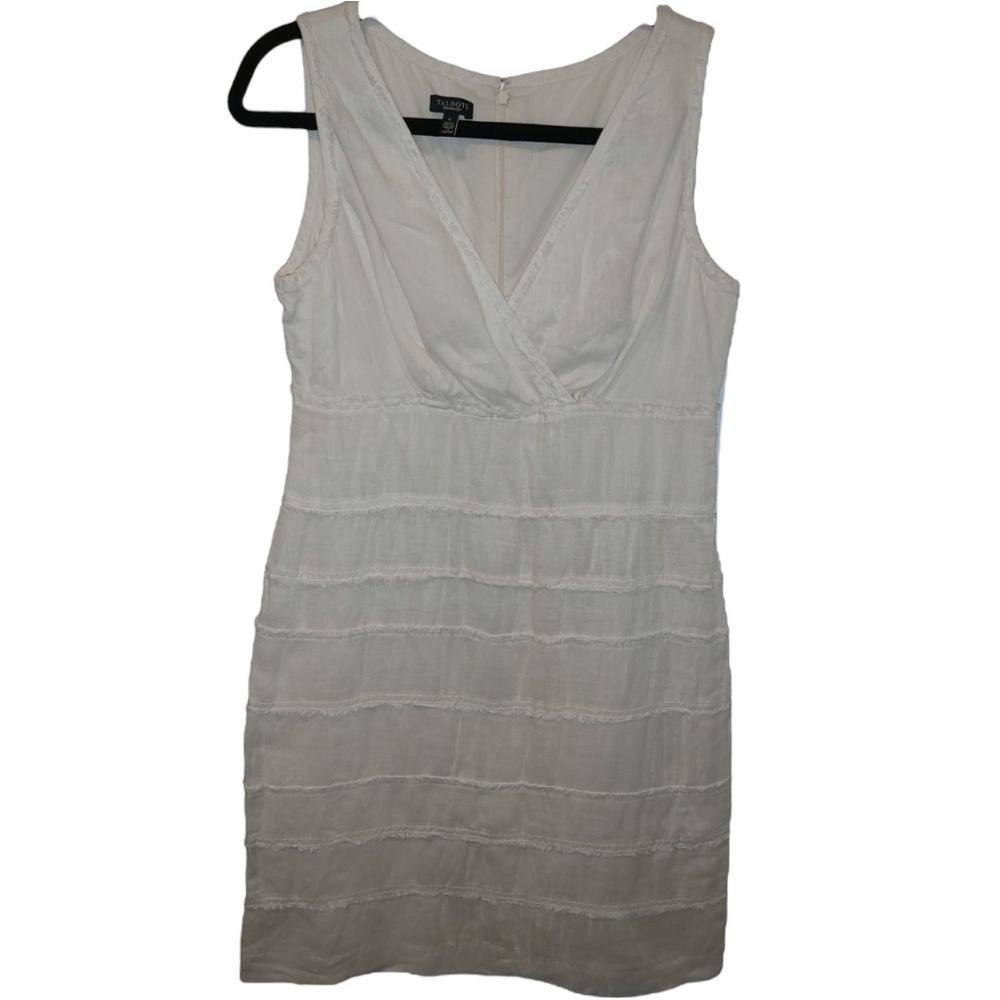 Talbot's cream v neck tiered 100% linen fully lined summer dress